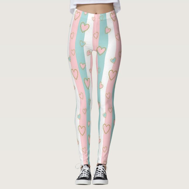 Pastel Heart Stripes Glitter Style Pattern (2) Leggings (Front)