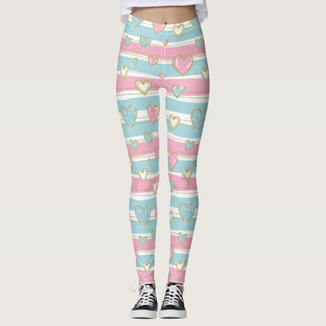 Pastel Heart Stripes Glitter Style Pattern (6) Leggings (Front)