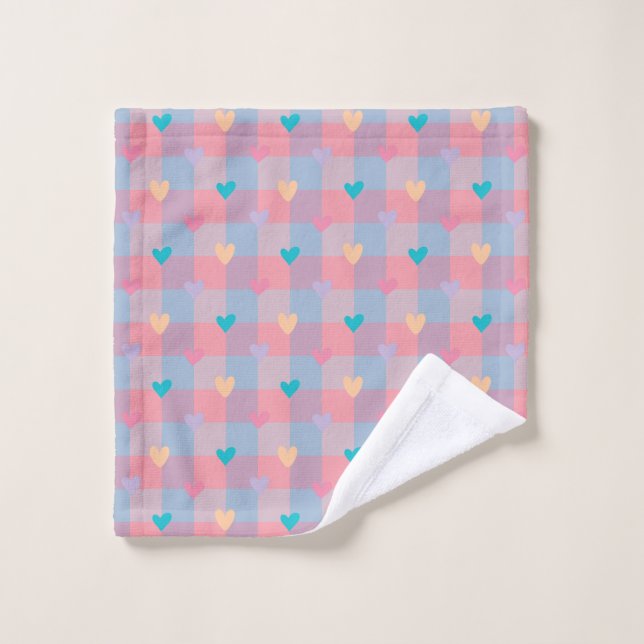 Pastel Hearts Chequerboard Pattern – Cute Seamless Bath Towel Set (Wash Cloth)