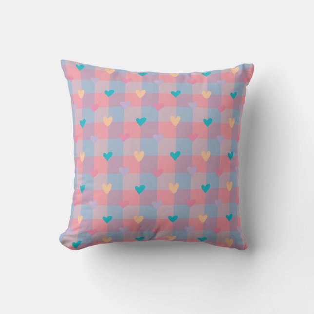 Pastel Hearts Chequerboard Pattern – Cute Seamless Cushion (Front)