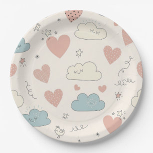 Pastel Hearts & Clouds Watercolor Dream (10) Paper Plate