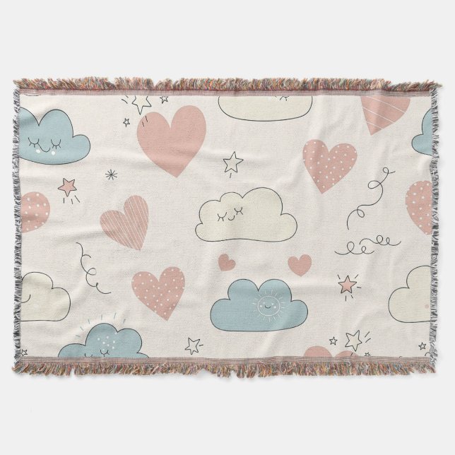 Pastel Hearts & Clouds Watercolor Dream (10) Throw Blanket (Front)