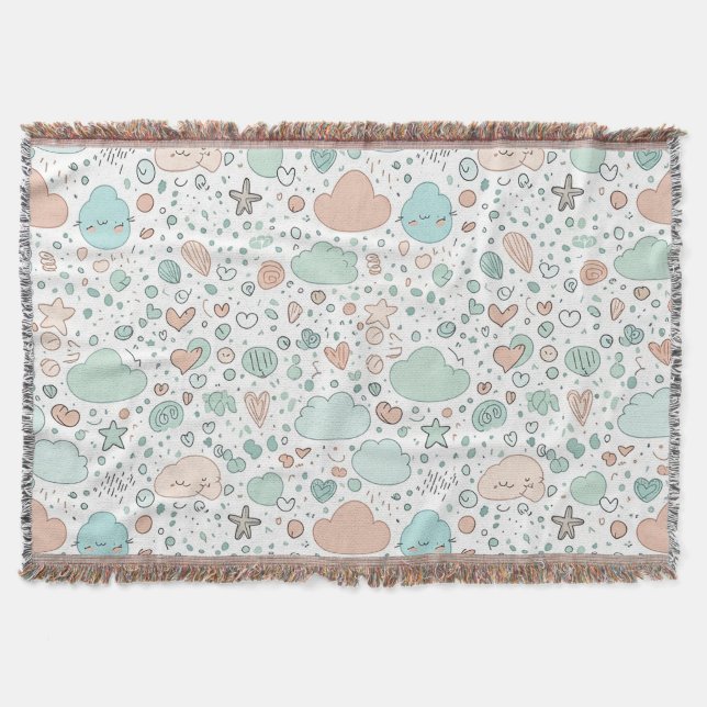 Pastel Hearts & Clouds Watercolor Dream (3) Throw Blanket (Front)