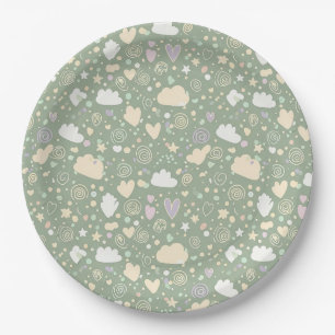 Pastel Hearts & Clouds Watercolor Dream (4) Paper Plate