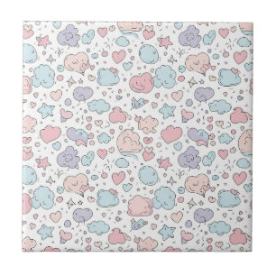 Pastel Hearts & Clouds Watercolor Dream (5) Tile