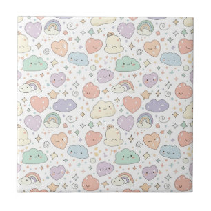 Pastel Hearts & Clouds Watercolor Dream (6) Tile