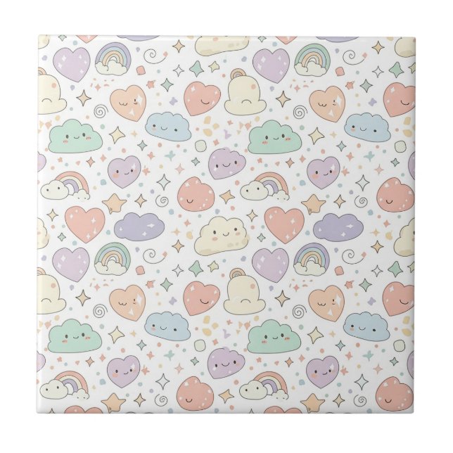 Pastel Hearts & Clouds Watercolor Dream (6) Tile (Front)