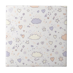 Pastel Hearts & Clouds Watercolor Dream (7) Tile