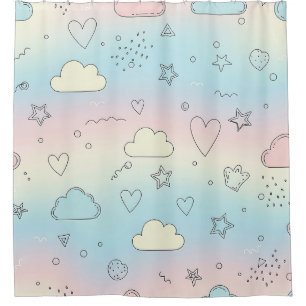 Pastel Hearts & Clouds Watercolor Dream (8) Shower Curtain