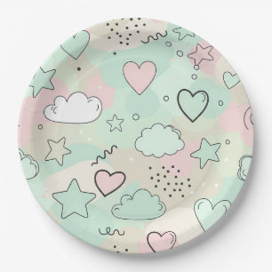 Pastel Hearts & Clouds Watercolor Dream (9) Paper Plate