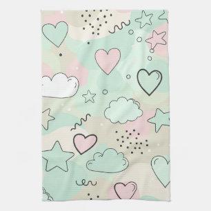 Pastel Hearts & Clouds Watercolor Dream (9) Tea Towel