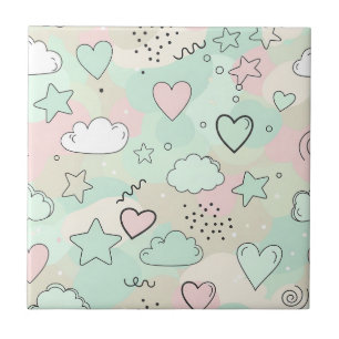 Pastel Hearts & Clouds Watercolor Dream (9) Tile