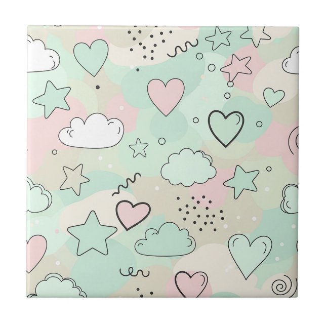 Pastel Hearts & Clouds Watercolor Dream (9) Tile (Front)