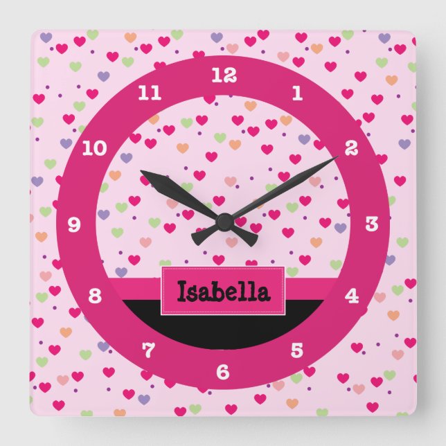 Pastel Hearts on Pink Personalised Square Wall Clock (Front)