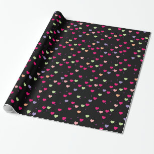 Pastel Hearts Pattern on Black Wrapping Paper