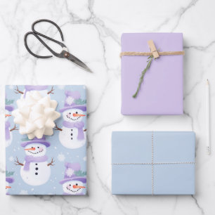 Pastel Holiday Snowman Complementary Set of 3 Cute Wrapping Paper Sheet