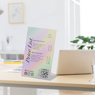 Pastel Holographic Aesthetician Price List Menu Pedestal Sign