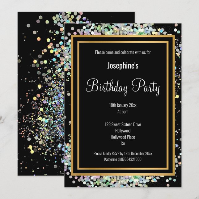 PASTEL HOLOGRAPHIC ALL BLACK PINK GOLD BIRTHDAY INVITATION (Front/Back)