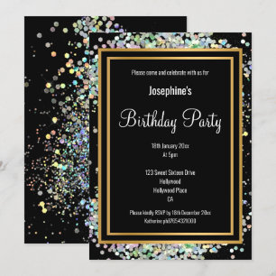 PASTEL HOLOGRAPHIC ALL BLACK PINK GOLD BIRTHDAY INVITATION