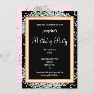 PASTEL HOLOGRAPHIC BLACK PINK GOLD BIRTHDAY INVITATION