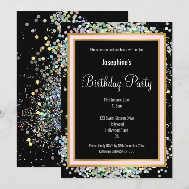 PASTEL HOLOGRAPHIC DOUBLE BLACK PINK GOLD BIRTHDAY INVITATION (Front/Back)