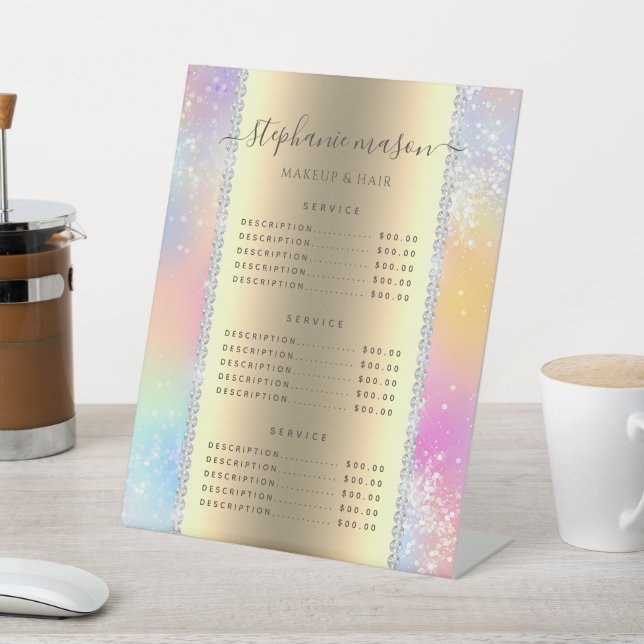 Pastel Holographic Glitter Diamonds Price Menu Pedestal Sign (In SItu)