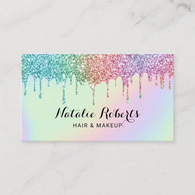 Pastel Holographic Glitter Drips Beauty Salon Business Card (Front)