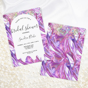 Pastel Holographic Glitter Drips Bridal Shower Invitation