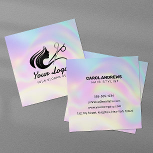 Pastel Holographic Hairstylist Logo Square Business Card