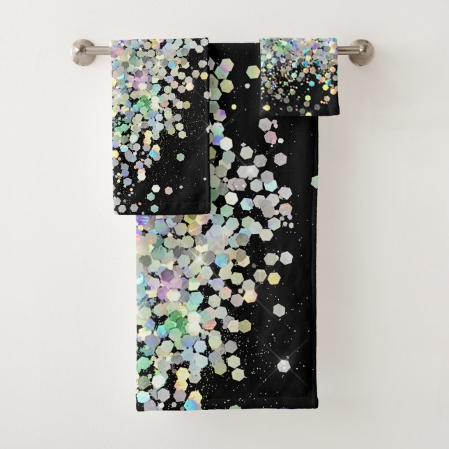PASTEL HOLOGRAPHIC SPLASH BLACK BATHROOM TOWEL SET (Insitu)