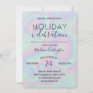 Pastel Holographic Texture Snowflakes Holiday Invitation