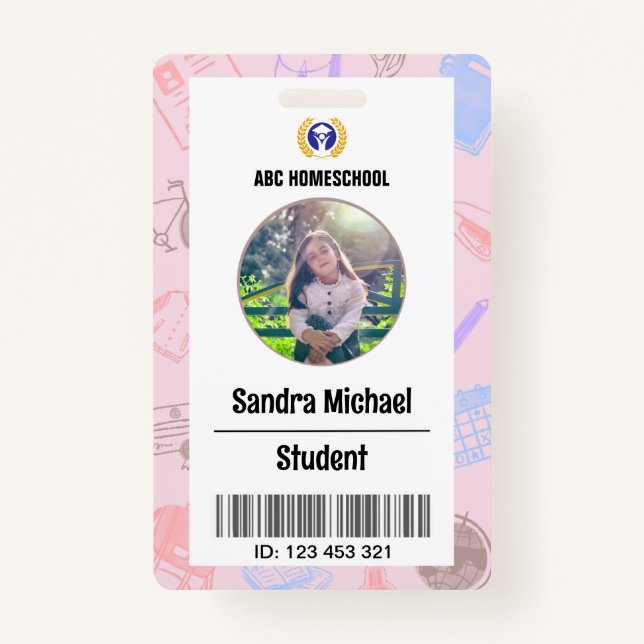 Pastel Homeschool Student ID Card with Photo & Bar ID Badge (Front)