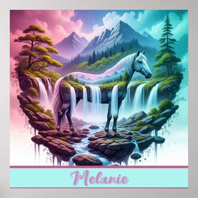 Pastel Horse Waterfall Fantasy Landscape Poster (Front)