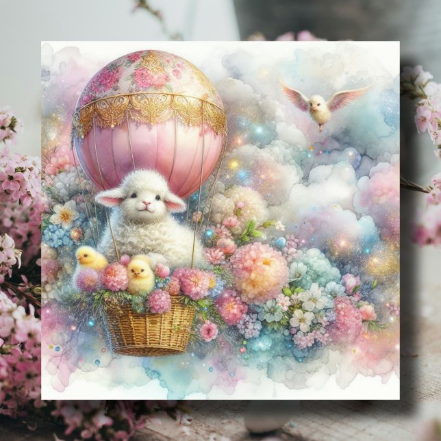Pastel Hot Air Balloon Easter Lamb Chicks Kids Holiday Card (Creator Uploaded)
