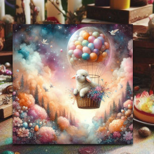 Pastel Hot Air Balloon Easter Lamb Christian Holiday Card