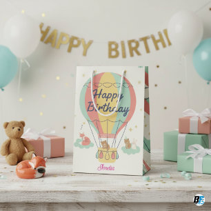 Pastel Hot Air Balloon Woodland Animals Birthday Medium Gift Bag
