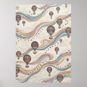 Pastel Hot Air Balloons Flowing Wind Pattern Poster