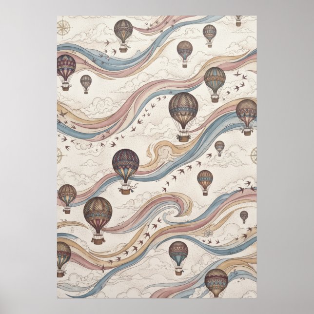 Pastel Hot Air Balloons Flowing Wind Pattern Poster (Front)