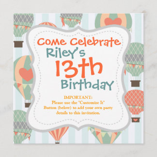 Pastel Hot Air Balloons Rising on Blue Striped Pat Invitation