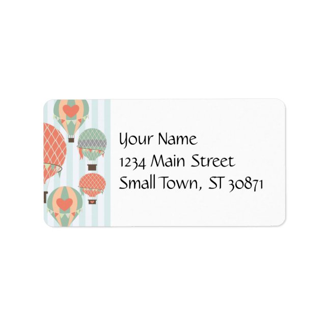 Pastel Hot Air Balloons Rising on Blue Striped Pat Label (Front)