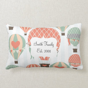Pastel Hot Air Balloons Rising on Blue Striped Pat Lumbar Cushion
