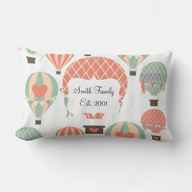 Pastel Hot Air Balloons Rising on Blue Striped Pat Lumbar Cushion (Front)