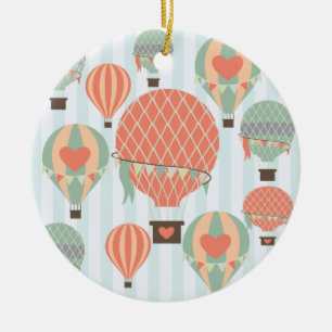 Pastel Hot Air Balloons Rising on Blue Stripes Ceramic Tree Decoration