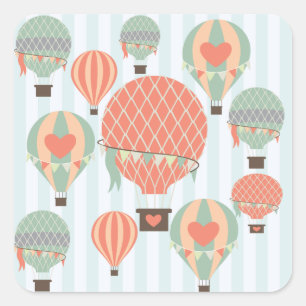 Pastel Hot Air Balloons Rising on Blue Stripes Square Sticker