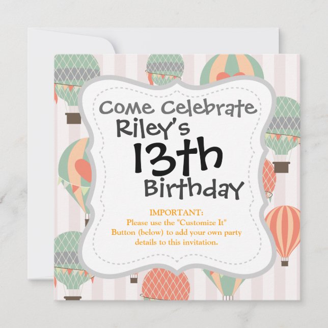 Pastel Hot Air Balloons Rising Pink Striped Sky Invitation (Front)