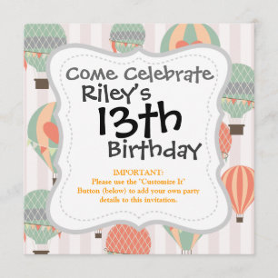 Pastel Hot Air Balloons Rising Pink Striped Sky Invitation