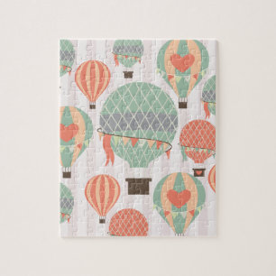 Pastel Hot Air Balloons Rising Pink Striped Sky Jigsaw Puzzle