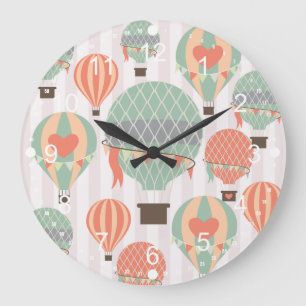 Pastel Hot Air Balloons Rising Pink Striped Sky Large Clock