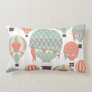 Pastel Hot Air Balloons Rising Pink Striped Sky Lumbar Cushion