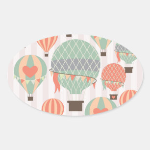 Pastel Hot Air Balloons Rising Pink Striped Sky Oval Sticker